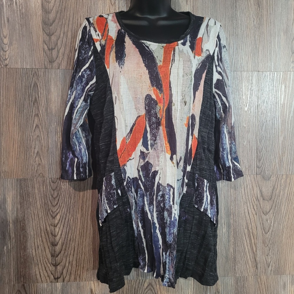 Lior Luxe Paris Abstract Tunic Size M Multicolor Round Neck 3/4 Slv Art to Wear